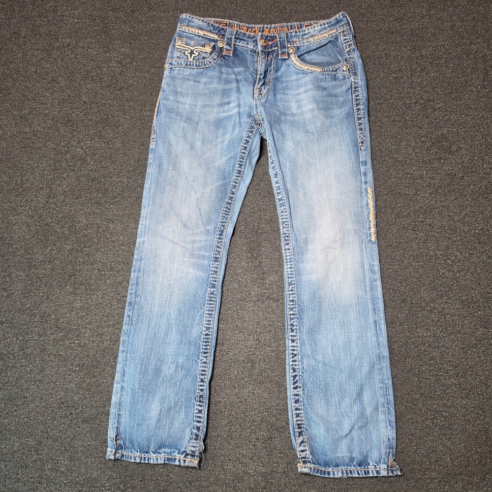 Rock Revival Edmund Straight Jeans Blue Mens 31x30 Embroidered Heavy Stitch Stud